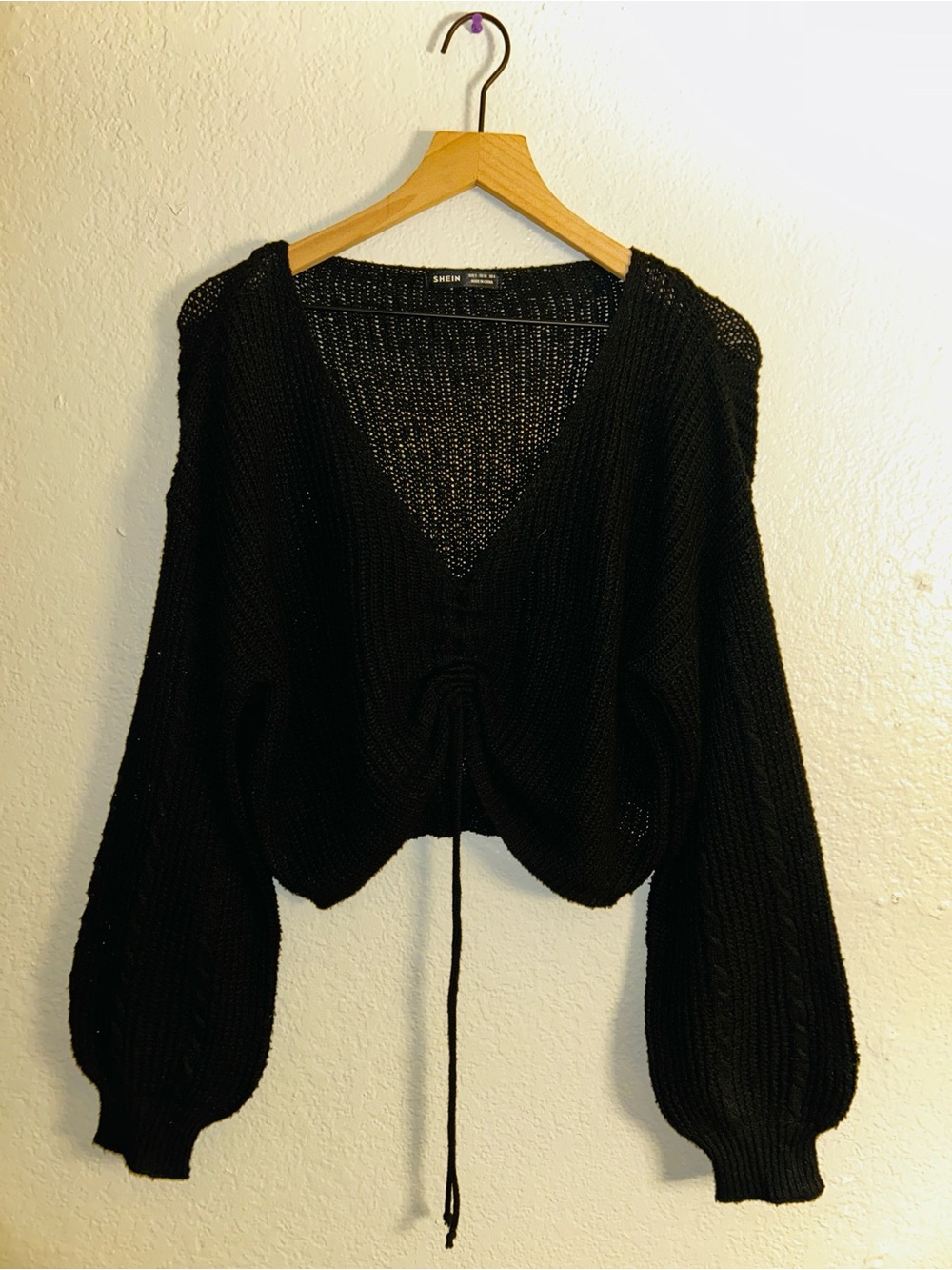 SHEIN Black V-Neck Cropped Ruched Drawstring Sweater - Picture 3 of 5